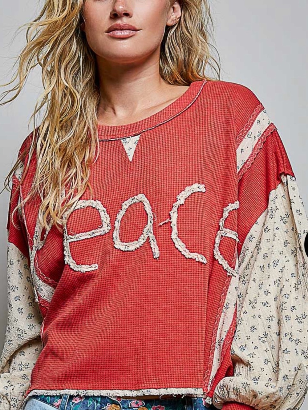 POL Red 'Peace' Washed Waffle Pullover with Cream Floral Bishop Sleeves